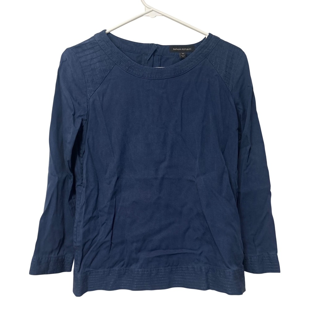 Banana Republic Blouse Women XS Navy Blue Quilted Shoulder Back Zip Long Sleeve